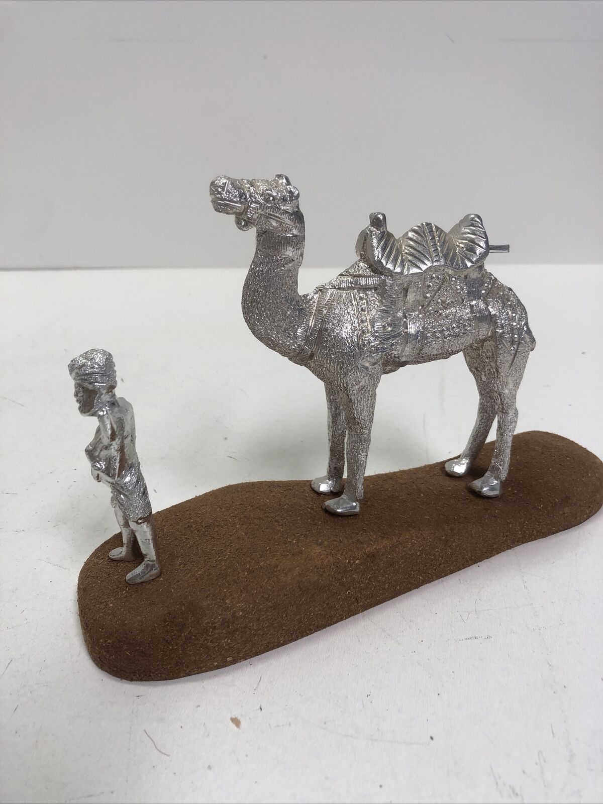 Vintage Set Silver Camel & Man Statue on Wood Stand Sculpture Figurine
