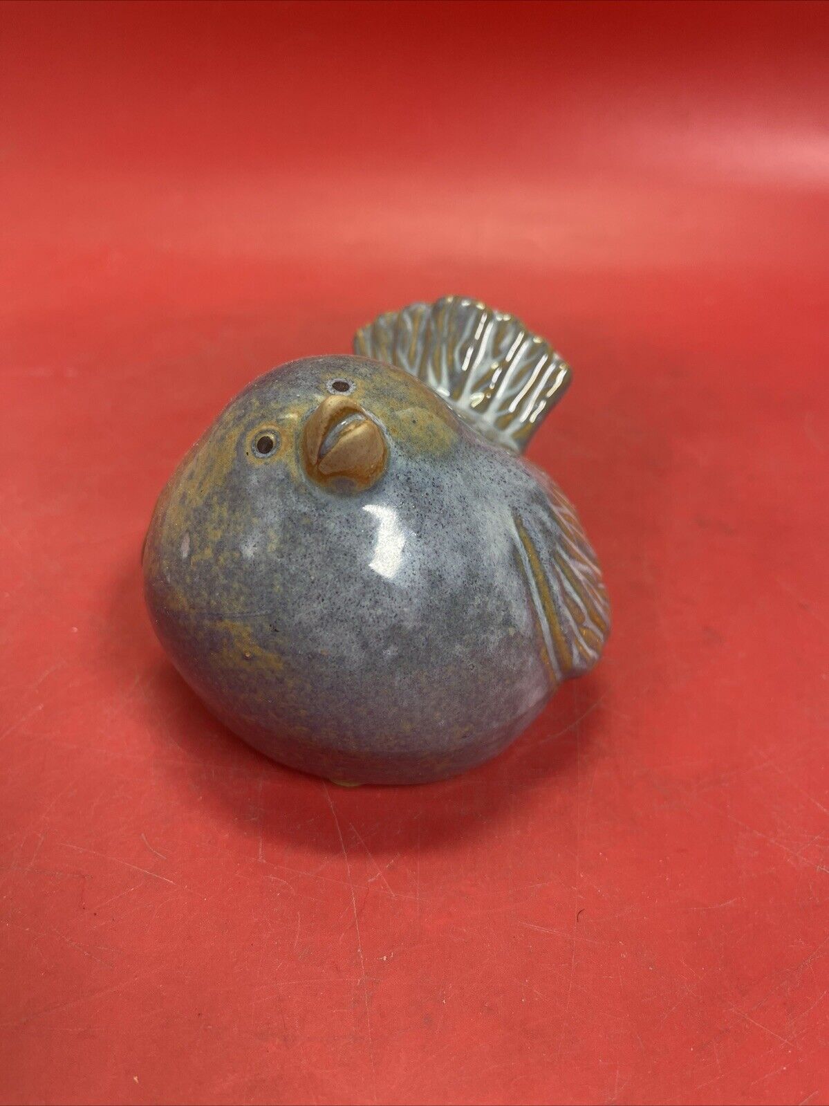 Blue and Brown Pottery Pudgy, Puffed Up Sitting Bird Figure, Garden Decoration