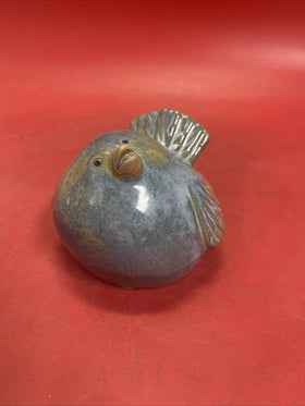 Blue and Brown Pottery Pudgy, Puffed Up Sitting Bird Figure, Garden Decoration