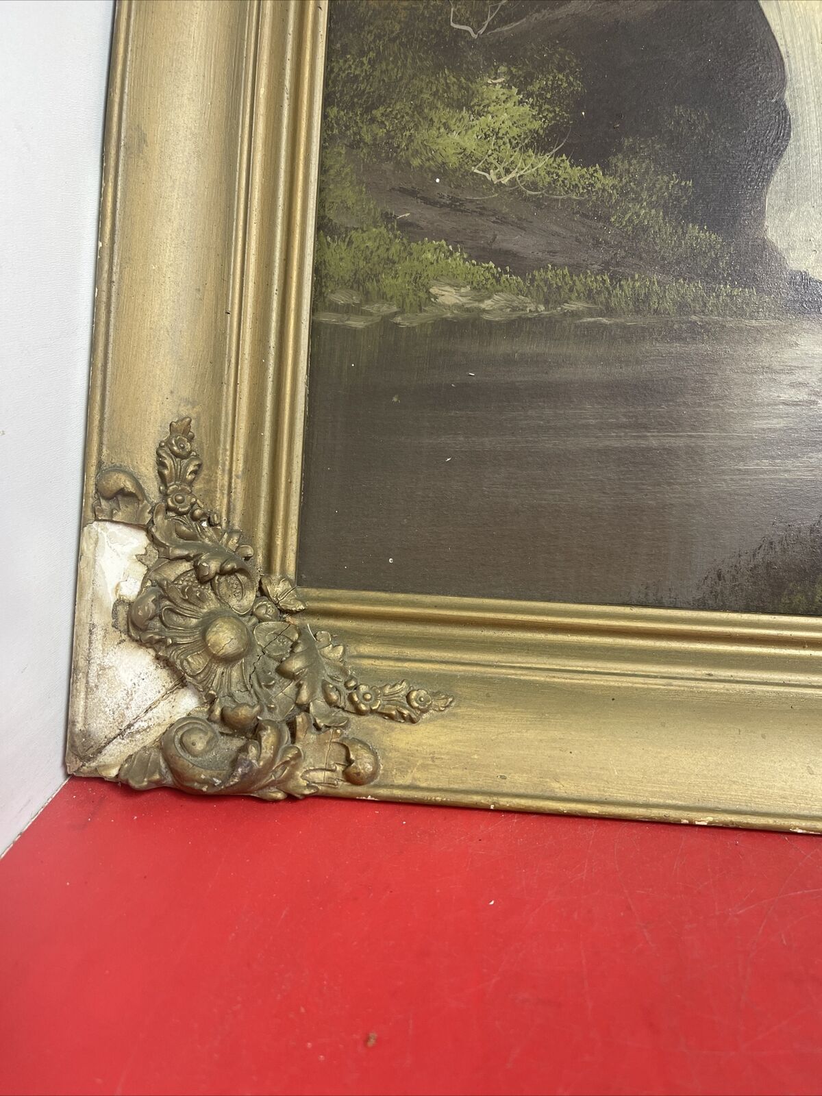 Antique Oil Painting on Cardboard Forest Landscape