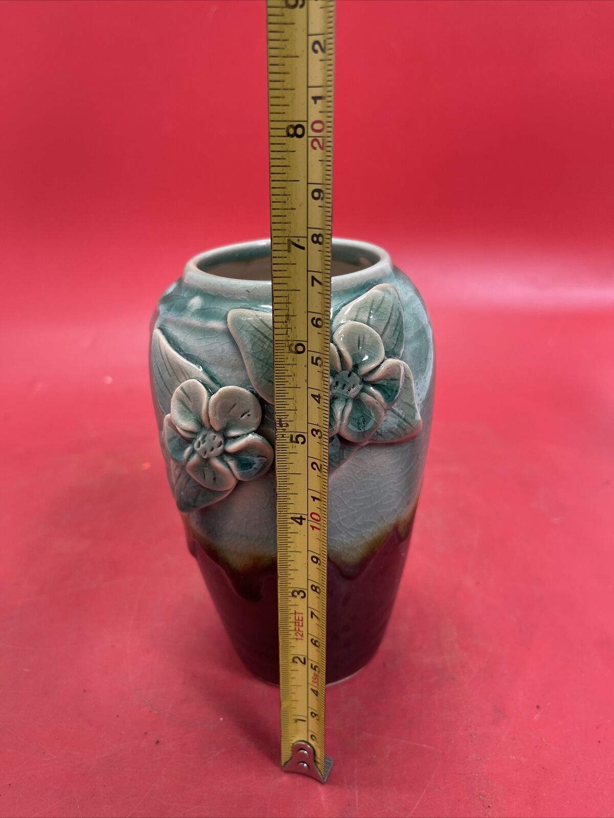 Vintage Handcrafted Ceramic 3 D Vase Aqua/Turquoise And Black W/ Raised Flowers