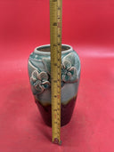 Vintage Handcrafted Ceramic 3 D Vase Aqua/Turquoise And Black W/ Raised Flowers