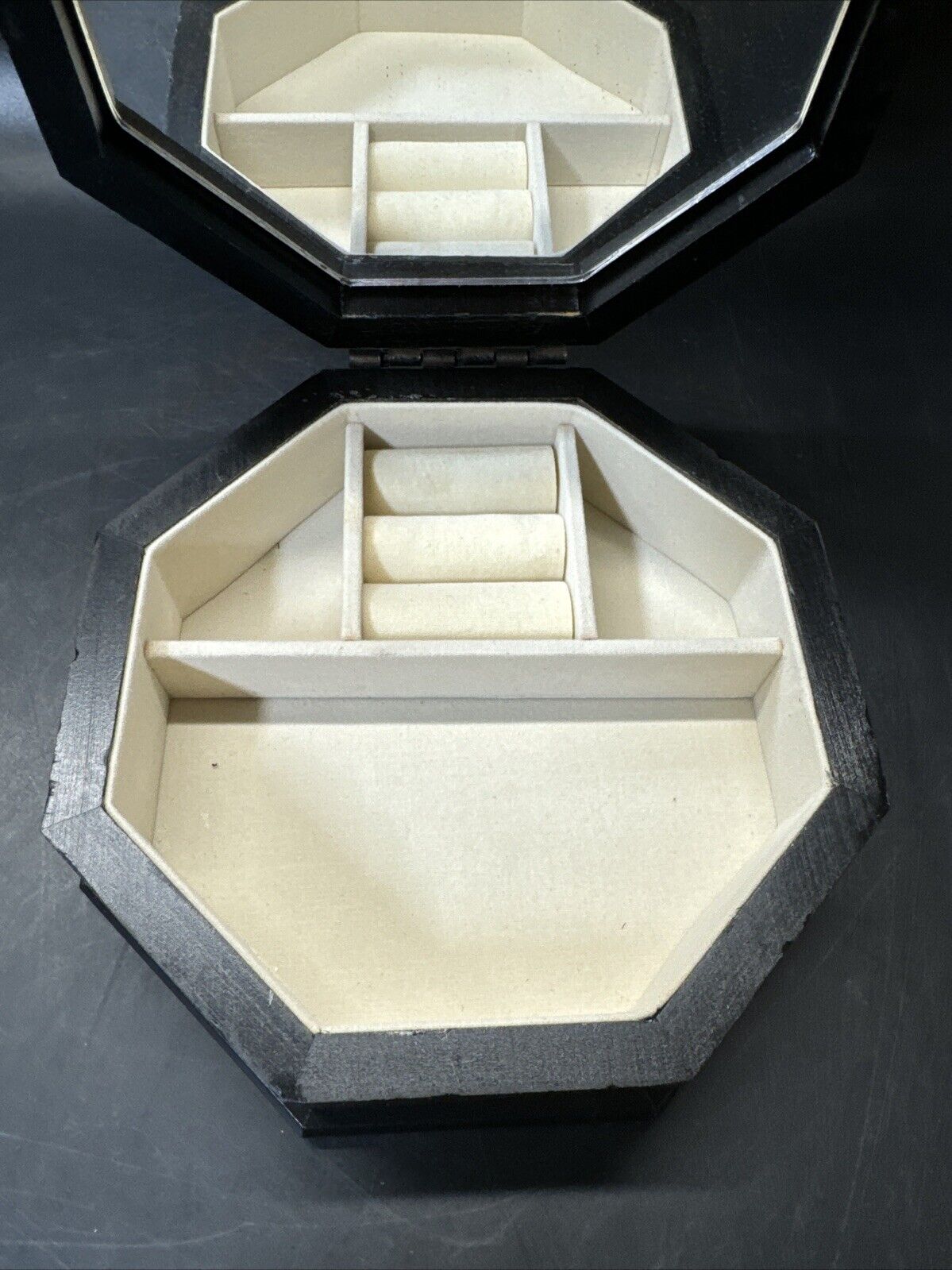 Vintage '91 Wood Jewelry Box Fabric covered Lid Props Open to show Mirror & Felt