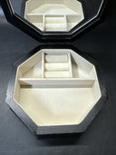 Vintage '91 Wood Jewelry Box Fabric covered Lid Props Open to show Mirror & Felt