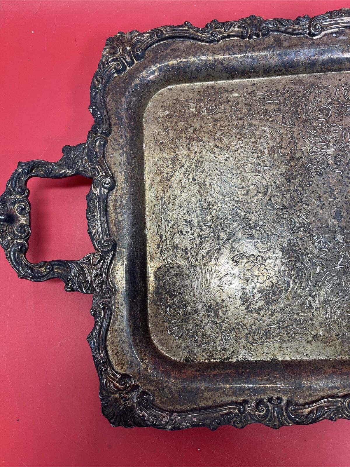 Large Antique Sheridan Footed Ornate Butter Silver Plate Tray, Maker Marks.