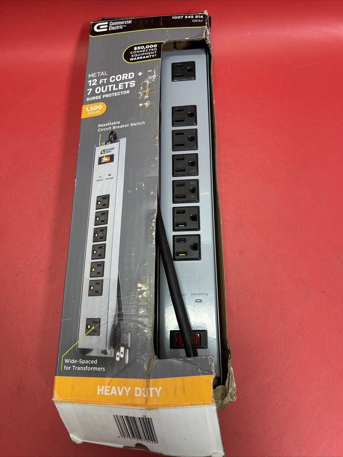 Commercial Electric 12 ft Cord 7 Outlet Metal Surge Protector