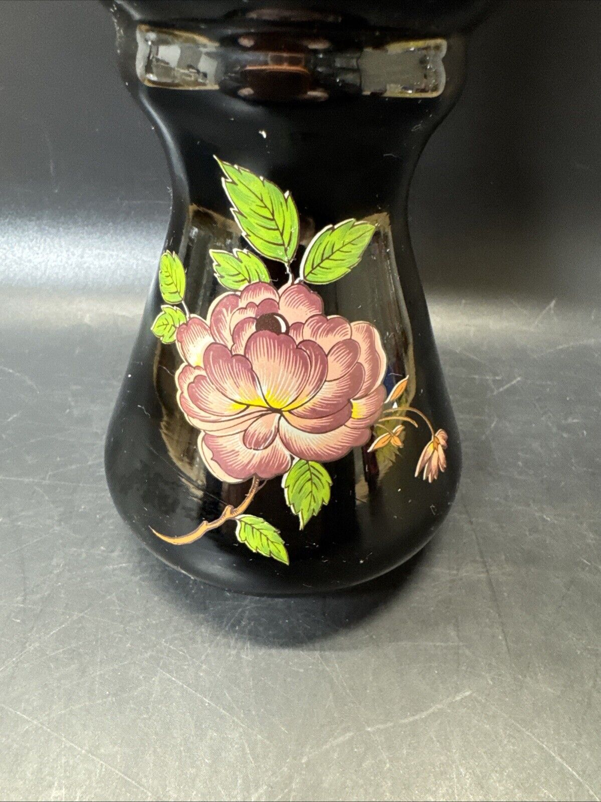 Norleans Black Vase with Pink Flower Oriental Vase Made In Italy Gold Trim