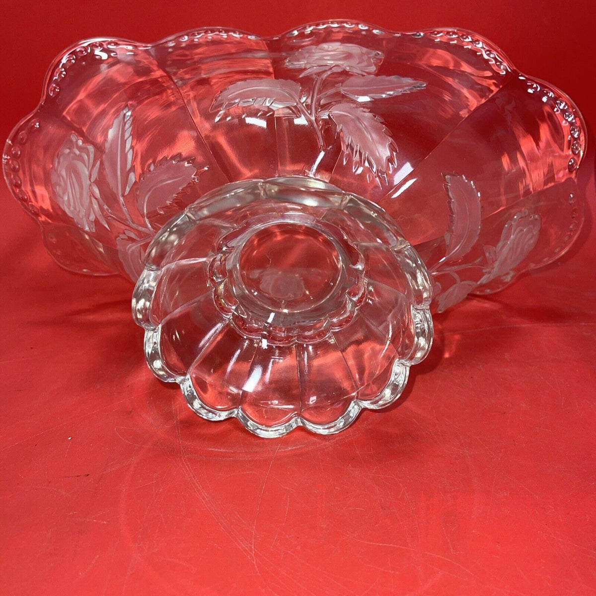 Vtg Imperlux Hand Cut Crystal Footed Centerpiece Bowl Emrossed Frosted Roses