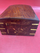 Vintage Handmade Inlaid Wood Jewelry Box W/Key,Gold Inlaid Design,10"x 7"x4"