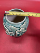 Vintage Handcrafted Ceramic 3 D Vase Aqua/Turquoise And Black W/ Raised Flowers