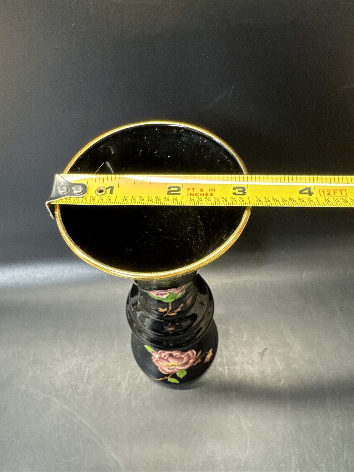 Norleans Black Vase with Pink Flower Oriental Vase Made In Italy Gold Trim