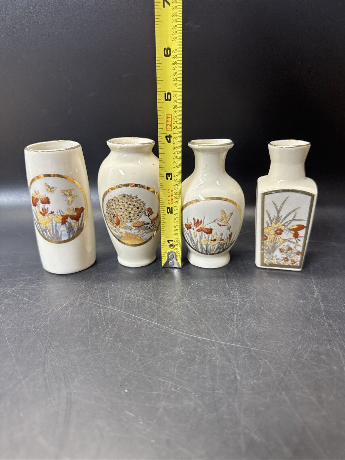 Vintage Art Mini Vase Japan Humming Bird Peacock/ Lot Of 4