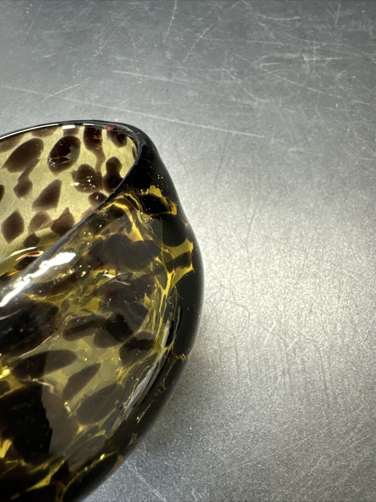 Vintage Hand Blown Amber Tortoise Shell Art Glass Bowl Oval With Folded Edge