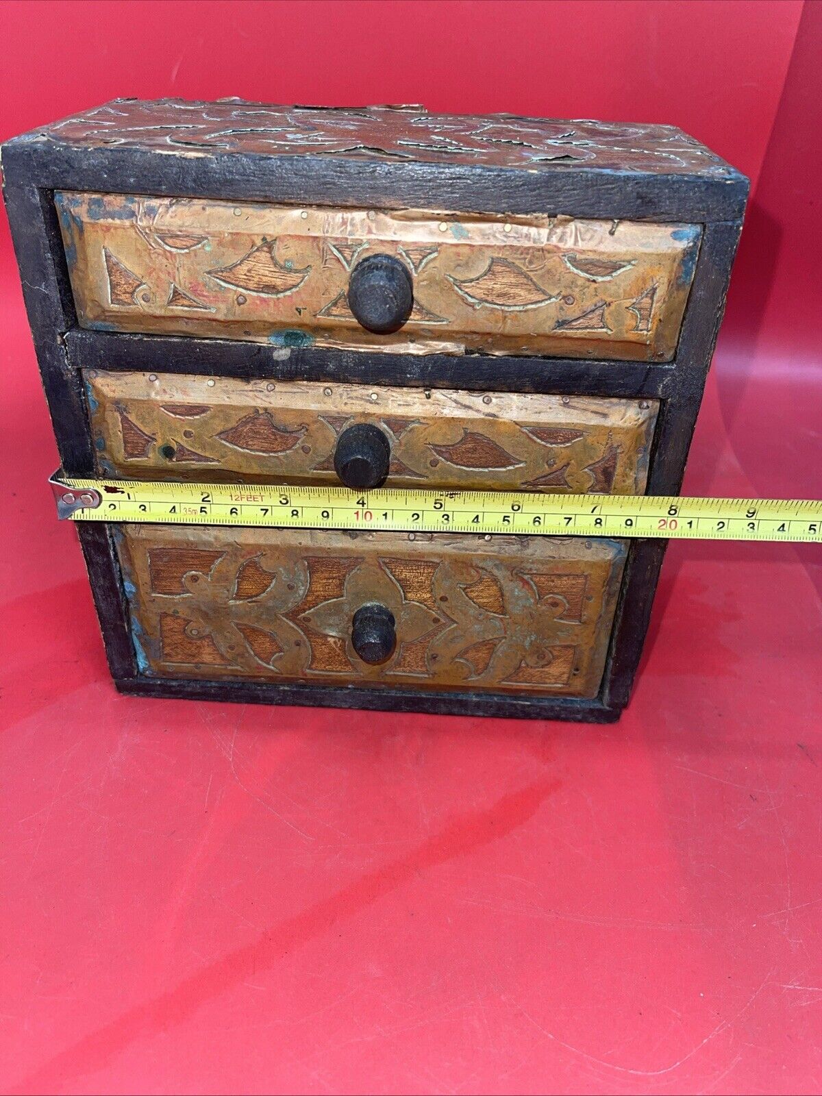 Rare Antique Vintage Wooden Chest with 3 Drawers Handmade for Jewelry