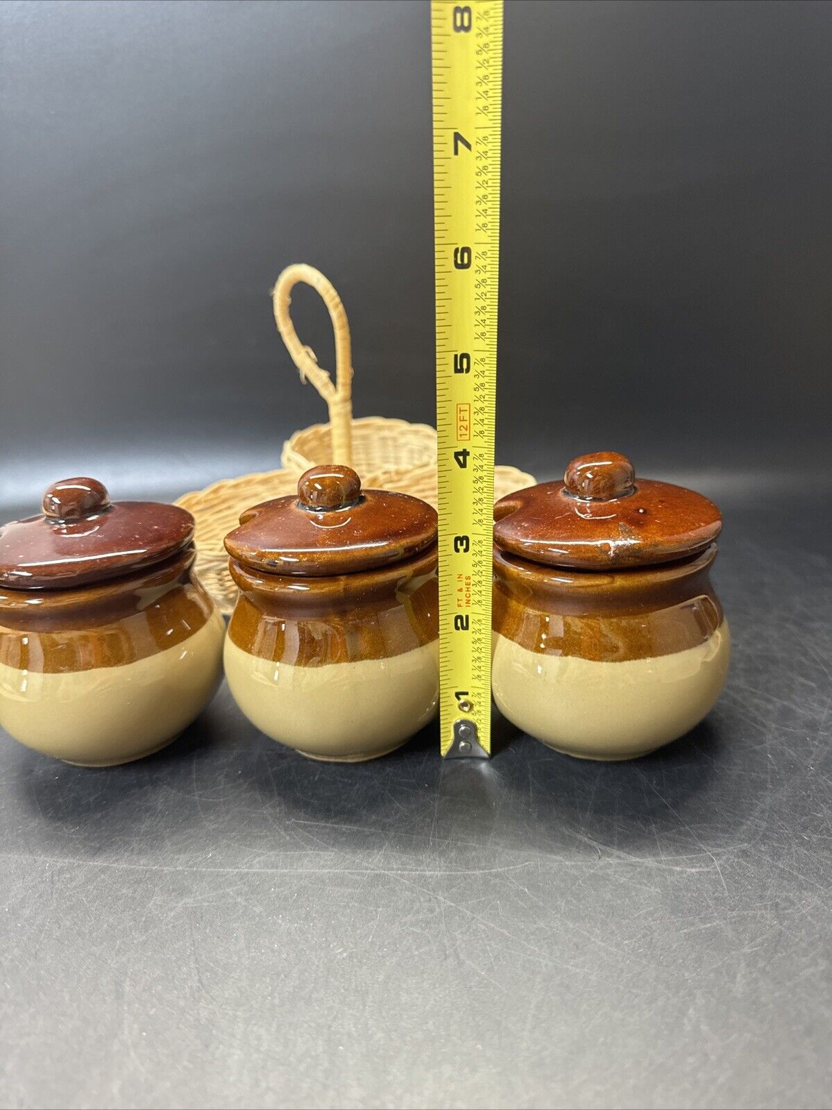 Vintage Rattan Condiment Caddy w/ 3 Stoneware Crocks