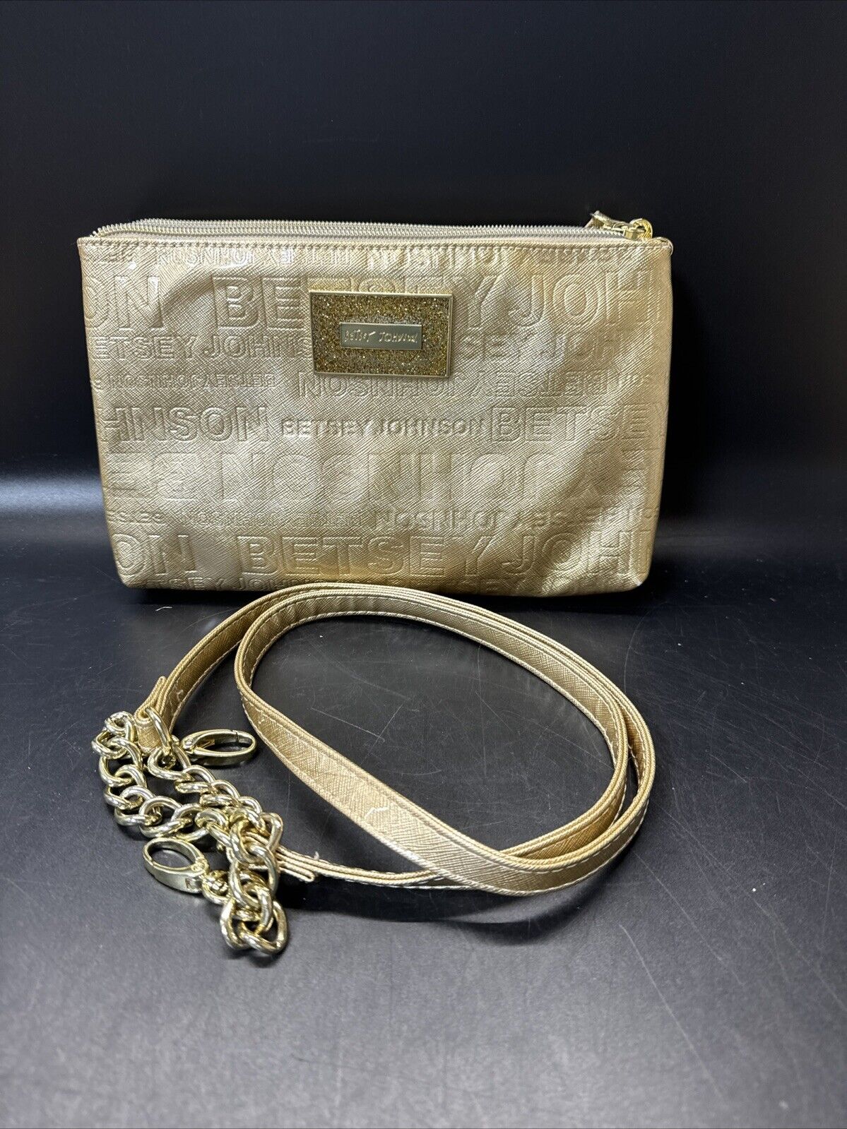 BETSEY JOHNSON Logo Embossed Gold Faux Leather Crossbody Detachable Strap Bag