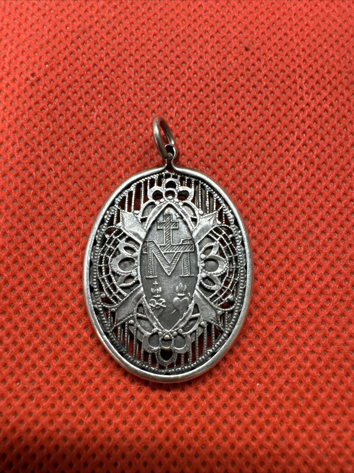 Vintage Sterling Silver Catholic Religious Caged Filigree Miraculous Medal