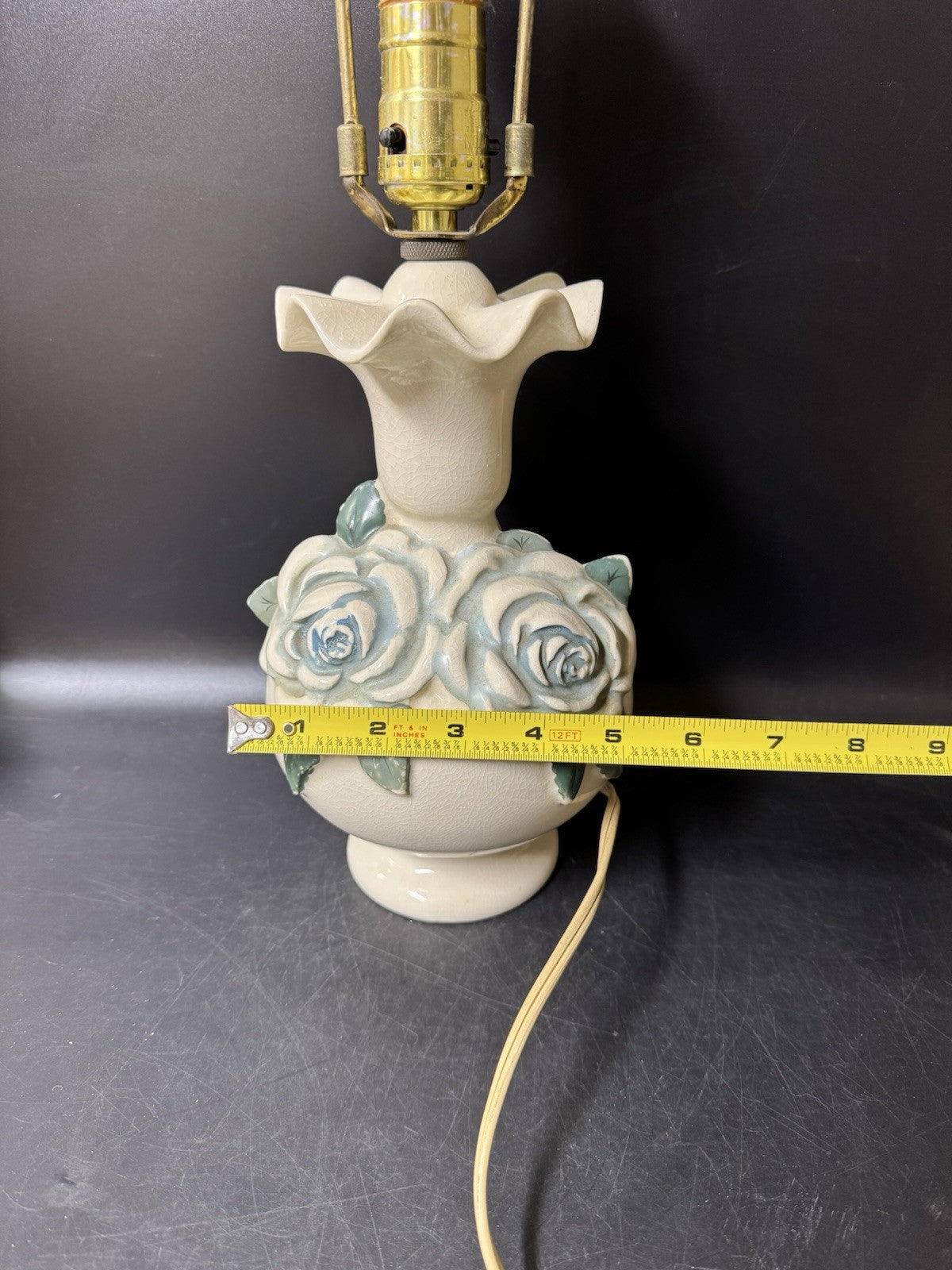 Vintage Small Ruffled Ceramic Lamp with 3-D Roses, Table Desktop Lamp