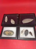 Native American Arrowheads collection in glass case, framed.