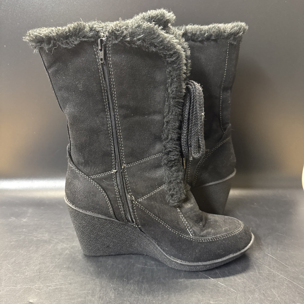 Route 66 Tawney Black Suede Look Wedge Heel Boots Women's Size 8.5M/ Used