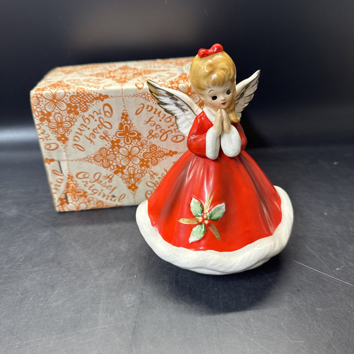 Vintage Josef Originals Christmas 1950s Angel Girl Music Box Holly Kitschy