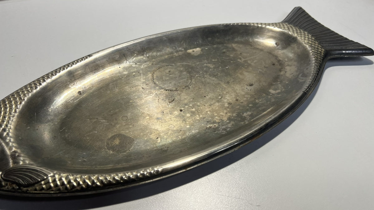 Vintage Silver-Plated Asian Fish Platter with Gold Trim - Made in China 18”x7.5”