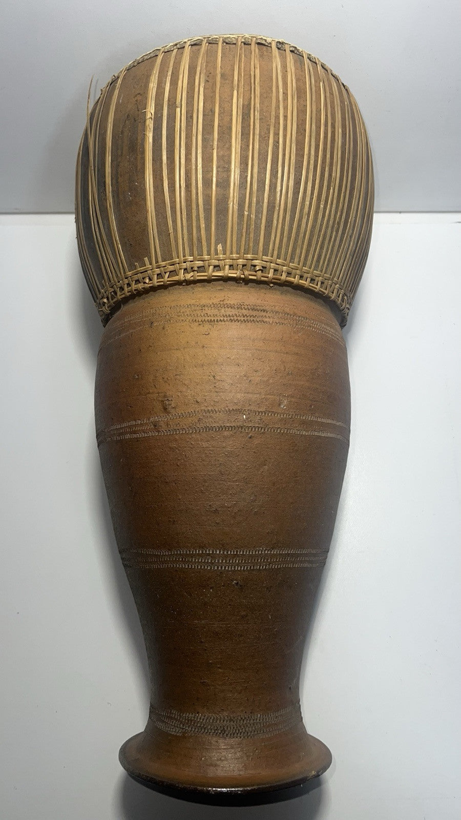 Vintage African Djembe Handheld Drum – Clay Body, Snakeskin Leather Percussion