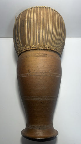 Vintage African Djembe Handheld Drum – Clay Body, Snakeskin Leather Percussion
