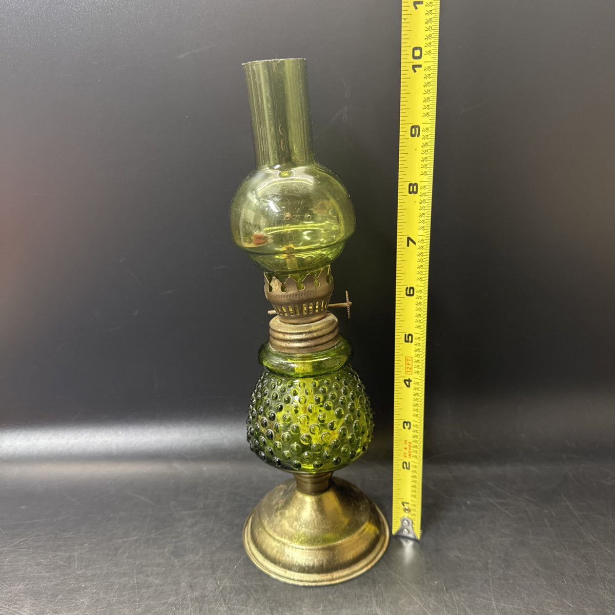 Vintage Made In Hong Kong,  Small Green Glass Oil Lamp 10" Tall