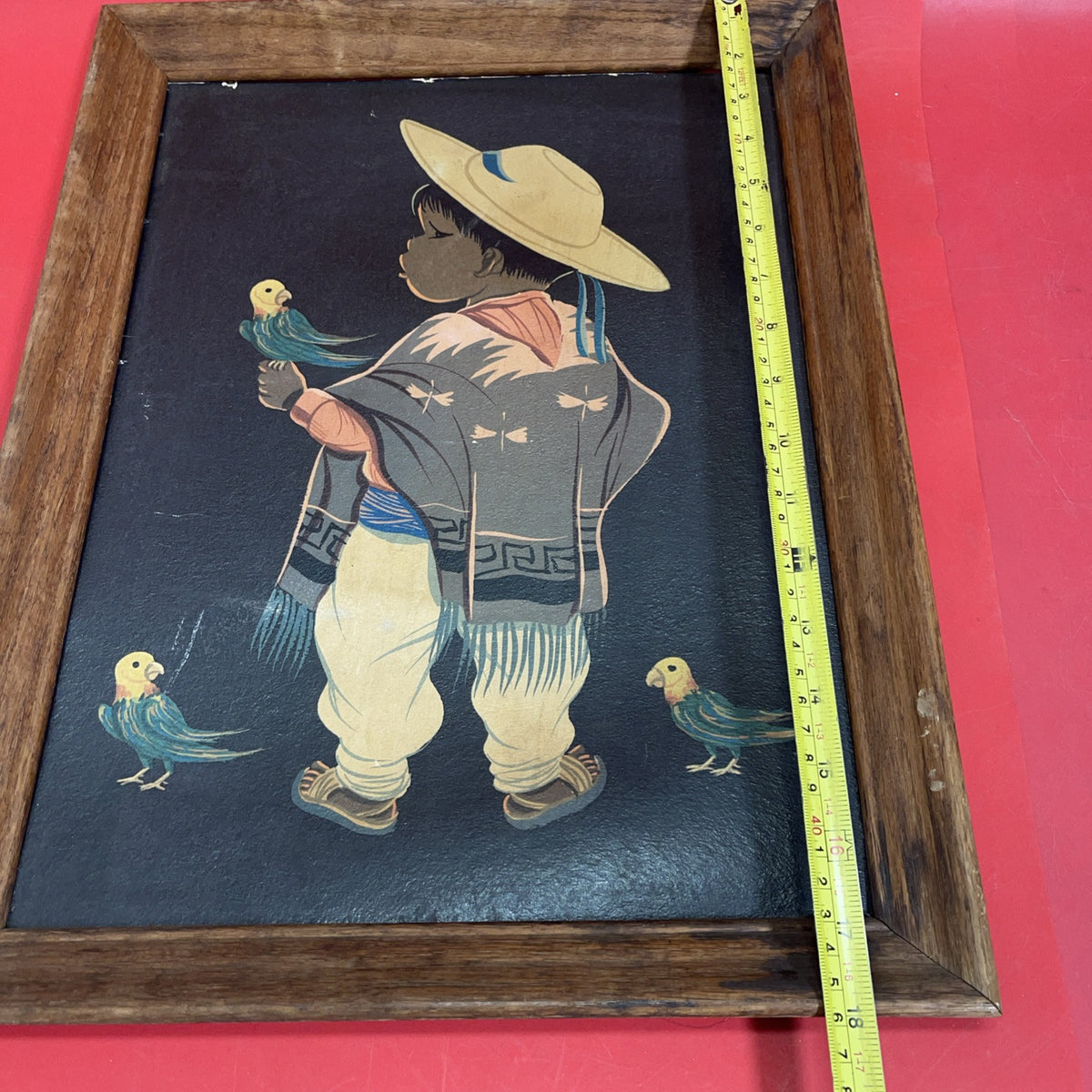 Vintage 50s Jose Luis Betanzos Boy with Parrots 16” x 12”  Framed Print