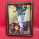 Vintage still life oil on canvas vase, apples and plum .signed