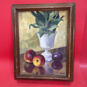Vintage still life oil on canvas vase, apples and plum .signed