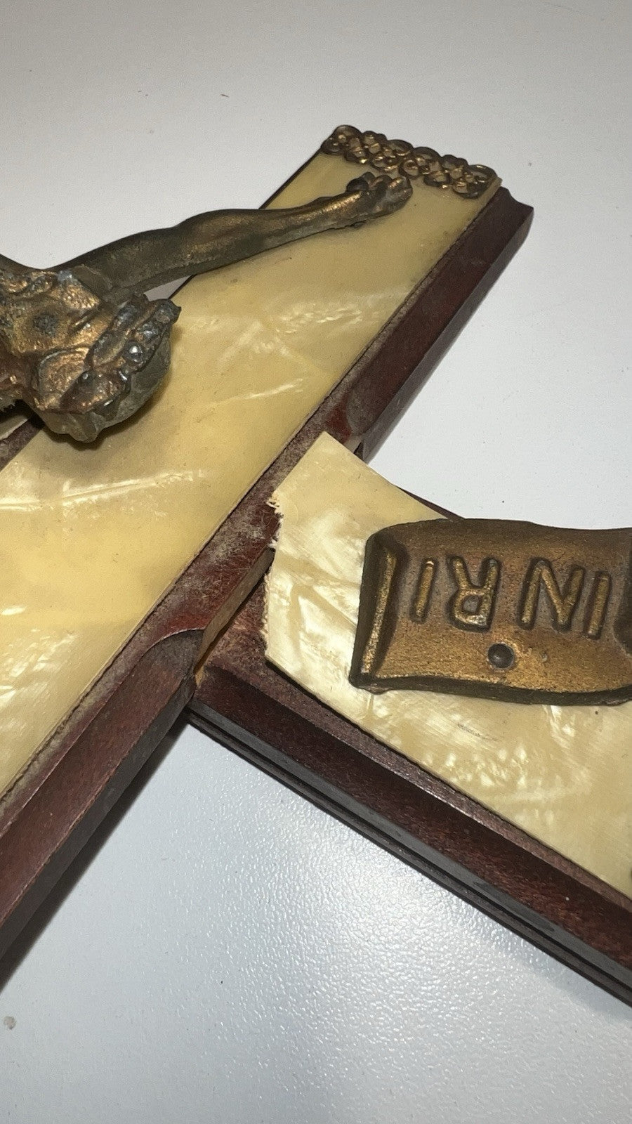 Vintage Catholic Last Rites Crucifix - Mother of Pearl Inlay, Empty Holy Water