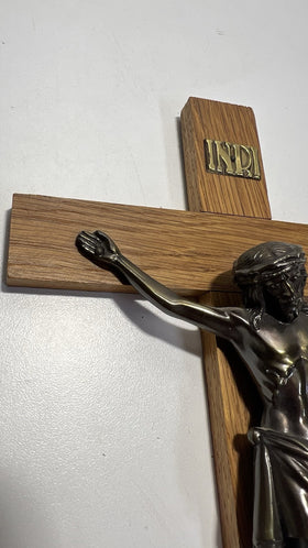 Vintage 12” Brass & Wood Wall Crucifix – Jesus Christ Religious Germany