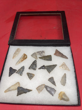 Native American Arrowheads collection in glass case, #27