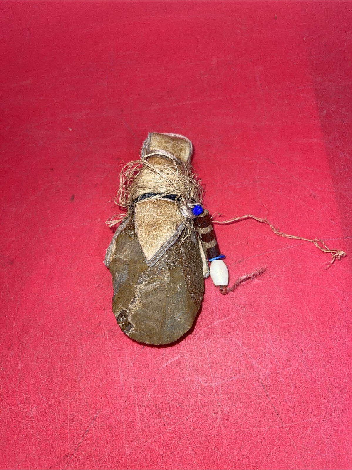 American Indian Artifact, Tabletop Stone Knife, Leather Handle