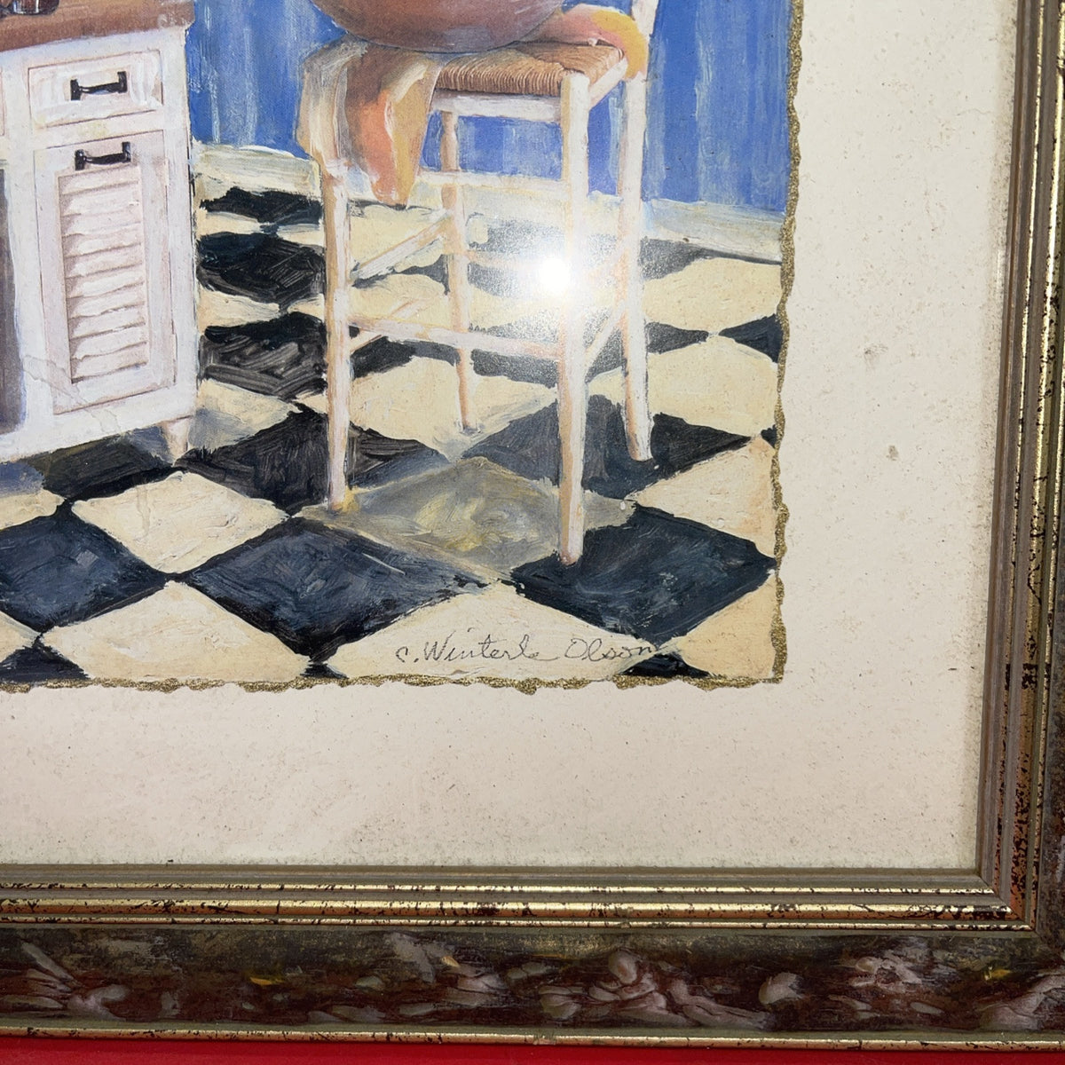 Vintage C. Winterle Olson Print Framed Rustic Kitchen Table Scene GUC