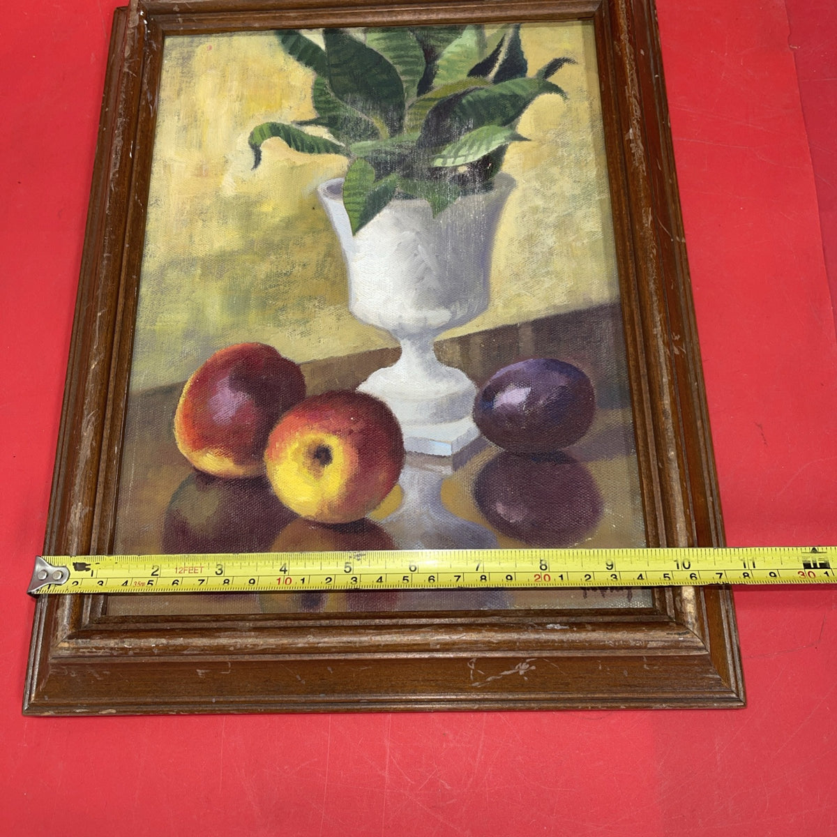 Vintage still life oil on canvas vase, apples and plum .signed