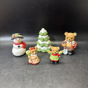 Vintage Homco #5101, 5pc Christmas Figurine/Set Daddy Girl Boy Bear Snowman Tree