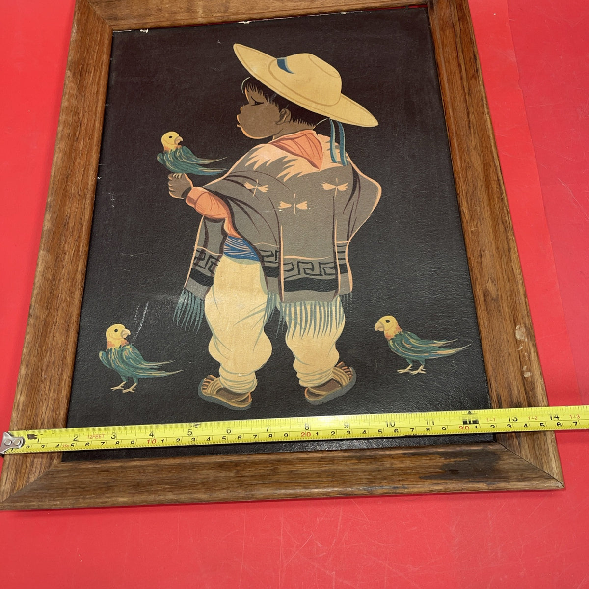 Vintage 50s Jose Luis Betanzos Boy with Parrots 16” x 12”  Framed Print