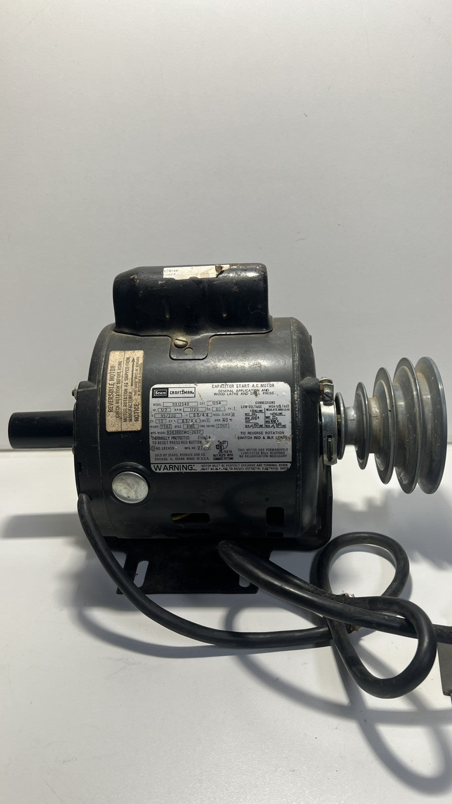 Vintage Sears Craftsman Capacitor Start A.C. Motor, Model 113.12540