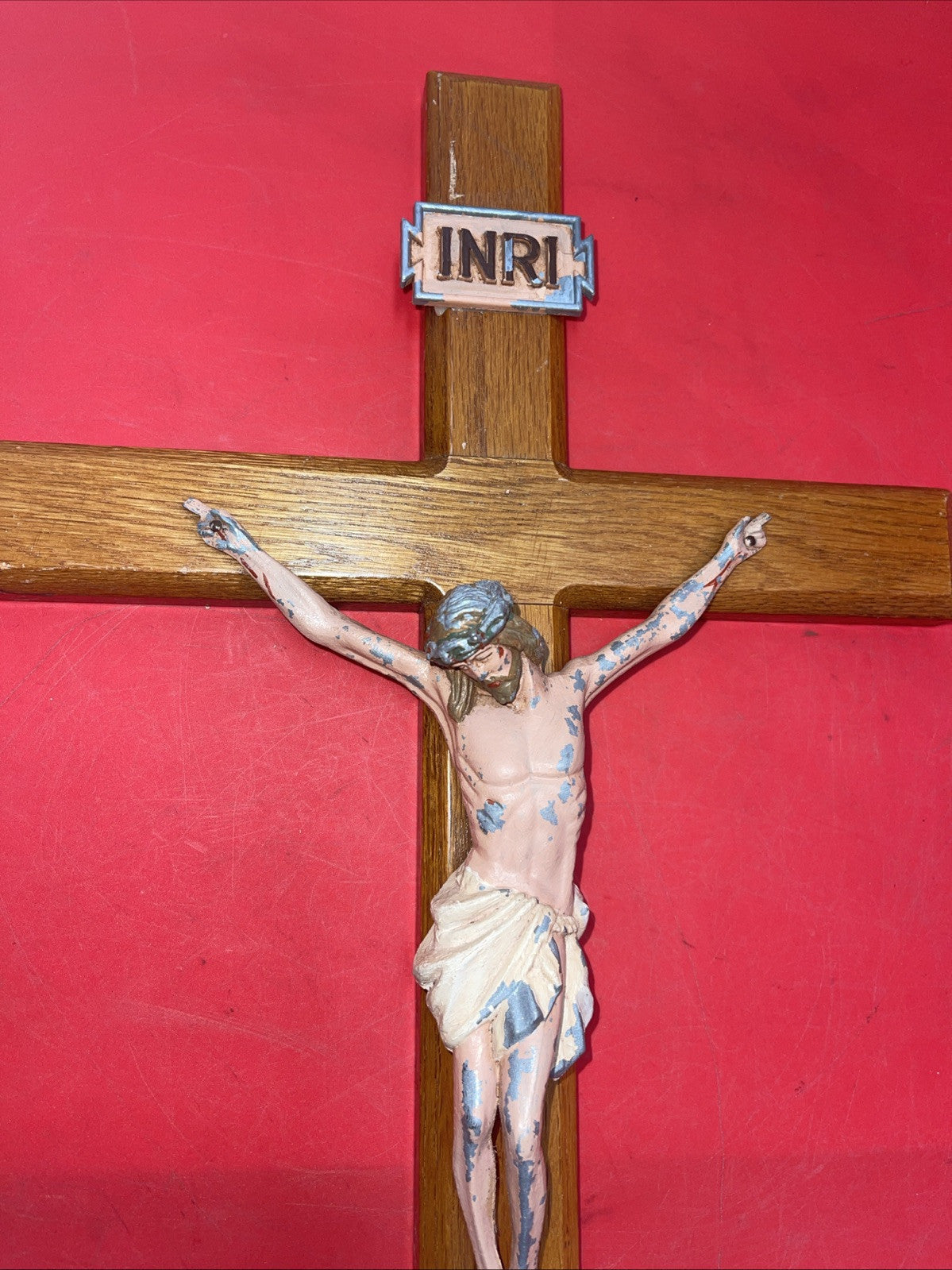 Vintage 24" Cross Crucifix Wood Jesus Christ Figurine