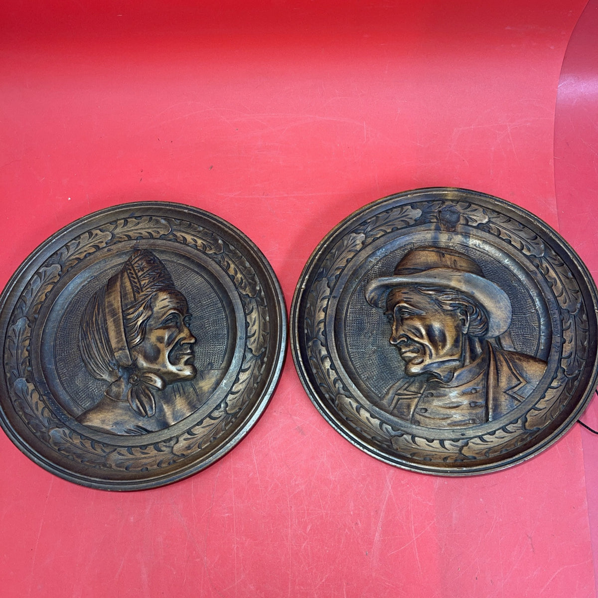 Vintage Handcrafted Wood Wall Plates in Folk Style in Man and Women, Diameter 8”