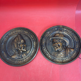 Vintage Handcrafted Wood Wall Plates in Folk Style in Man and Women, Diameter 8”