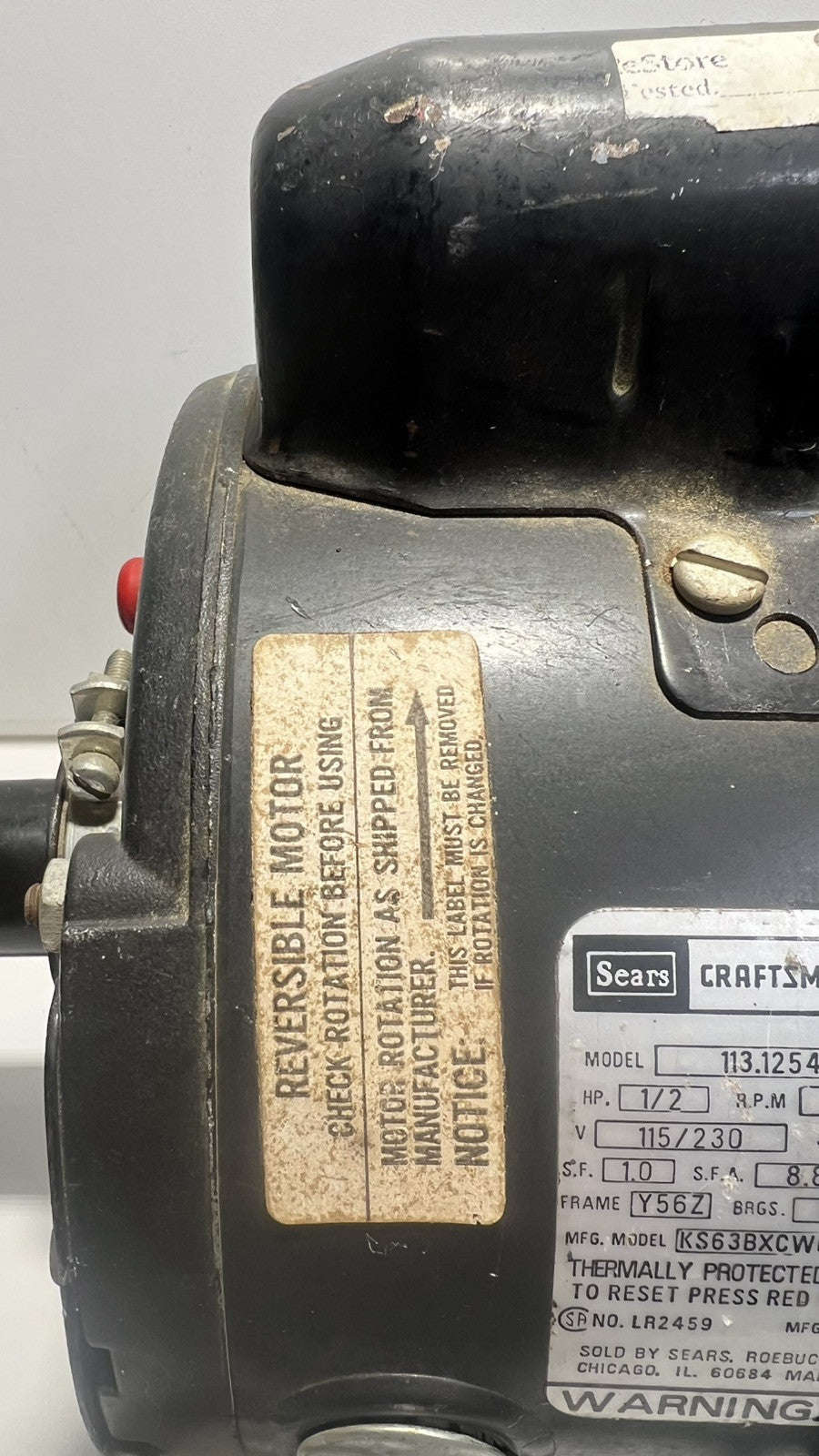 Vintage Sears Craftsman Capacitor Start A.C. Motor, Model 113.12540