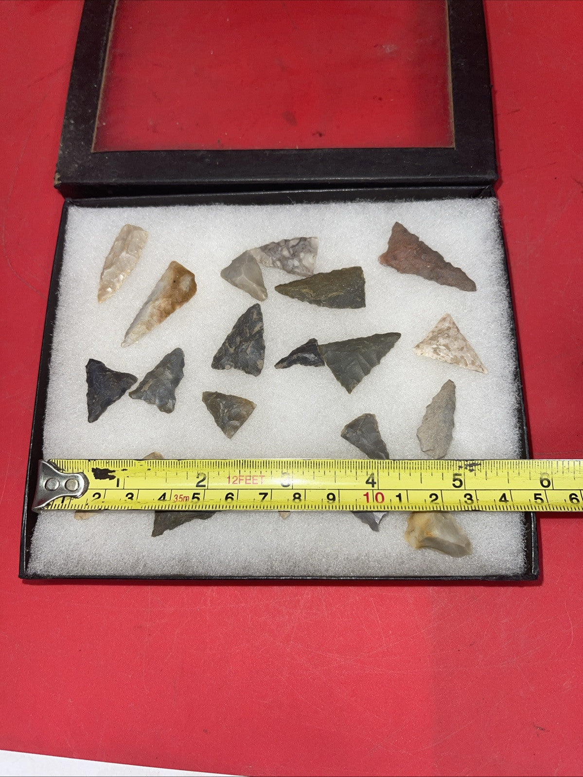 Native American Arrowheads collection in glass case, #27