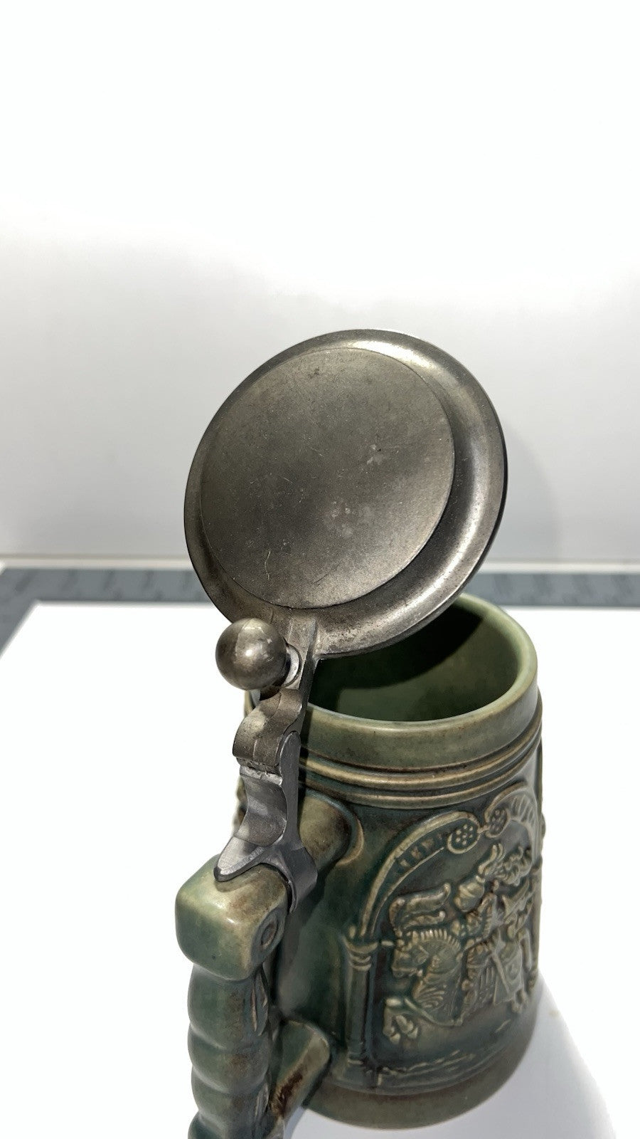 Vintage Green Beer Stein Mug Horse Battle Scene Pewter Lid West Germany
