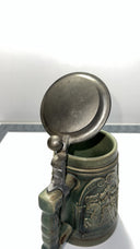 Vintage Green Beer Stein Mug Horse Battle Scene Pewter Lid West Germany