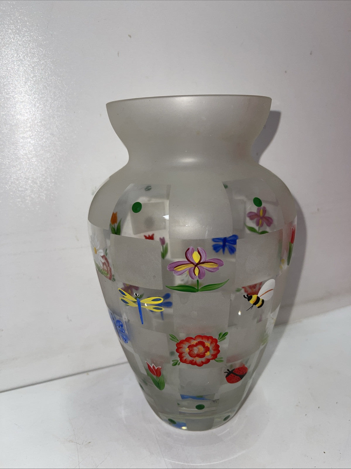 LENOX Nature’s Splendor Vase Hand Painted Designs Frosted Glass Signed 8.5"