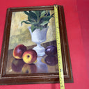 Vintage still life oil on canvas vase, apples and plum .signed